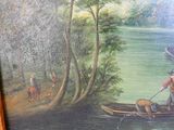 un tableau représentant un homme sur un bateau avec un chien