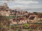 un tableau représentant un village avec une église en arrière-plan