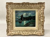 an image of a painting of a boat on a body of water with a castle in the background