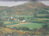 un tableau représentant une vue sur une vallée, avec des collines en arrière-plan