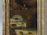 an image of a painting of a man riding a horse over a bridge