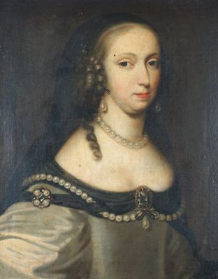 un vieux tableau représentant une femme en robe bleue à col blanc