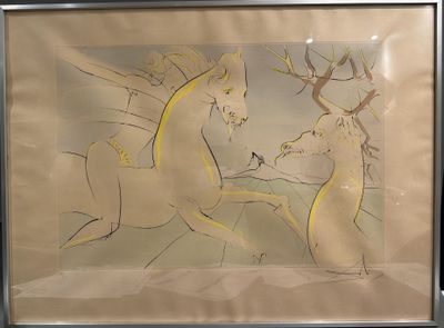 painting of two horses fighting in a field with trees in the background
