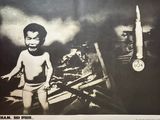 an image of a black and white photo of a young boy with a rocket in the background