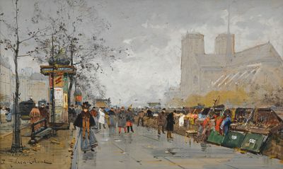 un tableau représentant des gens marchant dans la rue par un jour de pluie