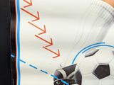 a poster for a soccer match with a foot kicking a soccer ball