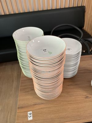 a stack of plates on a table next to a stove