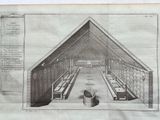 a drawing of a long room with benches and benches