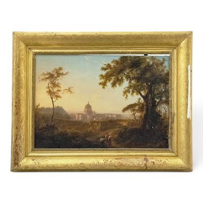 un tableau représentant un paysage avec une église au loin