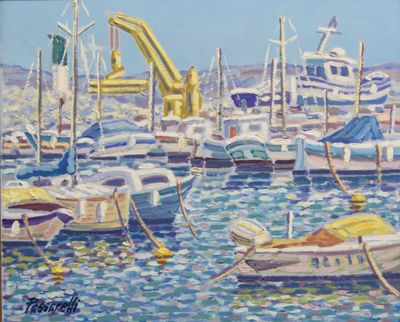 painting of boats in a harbor with a crane in the background
