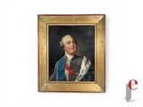 tableau représentant un homme vêtu d'un manteau bleu tenant un chien blanc
