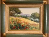 une peinture à l'huile représentant un champ avec des coquelicots au premier plan
