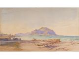 a painting of a boat on the beach with a mountain in the background