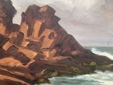 an oil painting of a beach scene with rocks in the water