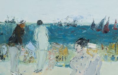 un tableau représentant des personnes sur la plage, avec des bateaux en arrière-plan