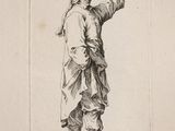 a drawing of an old man pointing to something