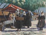 une peinture représentant un groupe de personnes marchant dans la rue