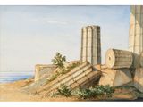 an image of a painting of a view of a beach with a lighthouse in the distance
