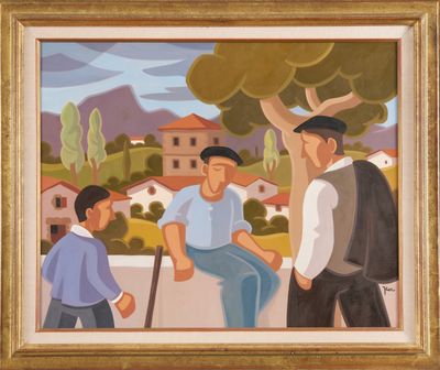 an oil painting of a group of men standing next to each other