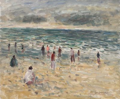 tableau représentant un groupe de personnes marchant sur une plage au bord de la mer