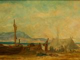 an image of a painting of a boat on a beach next to a body of water