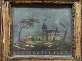 an old picture of a painting of a church in a field
