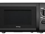 the black microwave is on a white background with a white background
