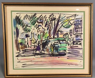 painting of a green car parked on the side of the road