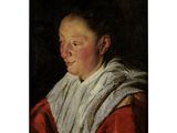 un tableau représentant une femme en robe rouge avec un foulard blanc