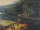 tableau représentant un tableau où l'on voit des personnages dans un paysage avec un château en arrière-plan