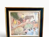 tableau représentant un cheval et une calèche traversant un pont au-dessus d'un étang