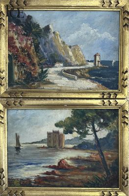 deux tableaux représentant des bateaux sur l'eau et un château au loin