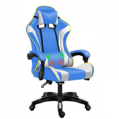 a computer chair with a blue and white color scheme