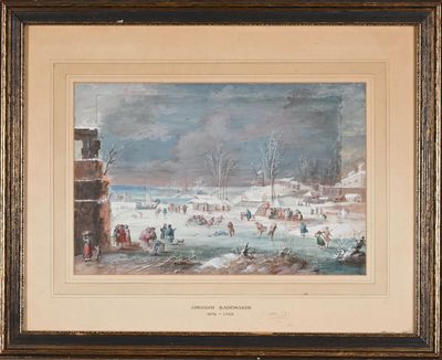 une image représentant un tableau illustrant une scène hivernale avec des personnes sur un lac gelé