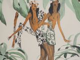 a painting of two women standing in front of a banana tree