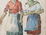 tableau représentant deux femmes coiffées de chapeaux, l'une portant une jupe et l'autre un panier sur la tête