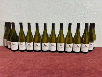 six bottles of white wine lined up on a table