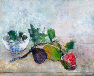 a painting of a painting of a bowl of fruit on a table