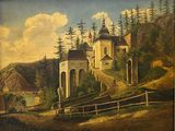 une vieille peinture représentant un château sur une colline, avec une montagne en arrière-plan