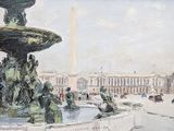 a painting of a fountain in the middle of a city