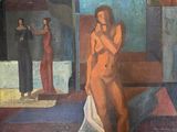 un tableau représentant une femme debout devant un miroir