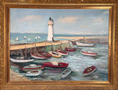 André VOIRY (XXe). Bateaux de plaisance dans le port.