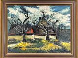 an oil painting of a house and trees in a field