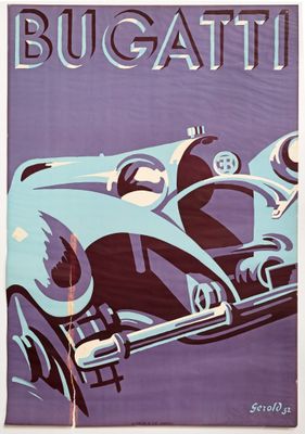 an image of a blue and purple poster of a bugatti race car