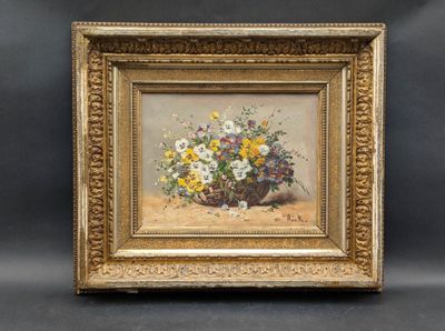 an oil painting of a vase of flowers on a table