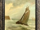 une peinture à l'huile représentant un voilier sur une mer agitée