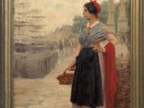 an oil painting of a woman holding a basket in front of a harbor