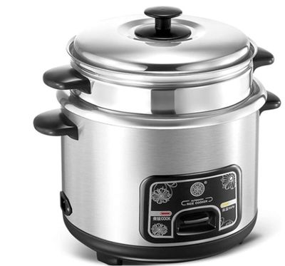a close up of a stainless steel rice cooker on a white background