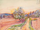 an image of a painting of a dirt road with trees in the distance