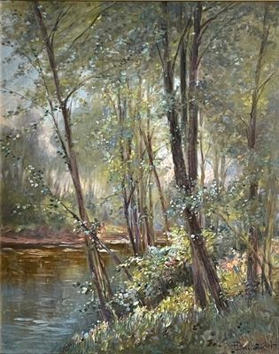 tableau représentant une rivière dans un paysage boisé, avec des arbres et des buissons